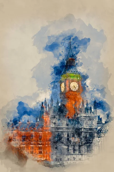Υδατογραφία Του Big Ben Στο Λονδίνο Στο Λυκόφως — Φωτογραφία Αρχείου