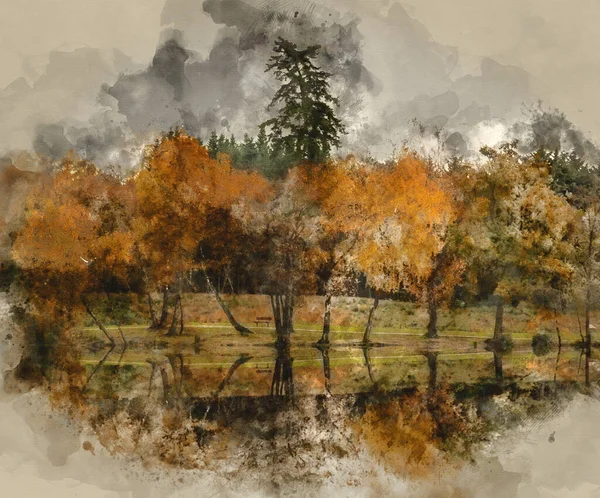 Акварельная Живопись Ошеломляющего Яркого Осеннего Леса Отраженная Аквапарке Озера — стоковое фото