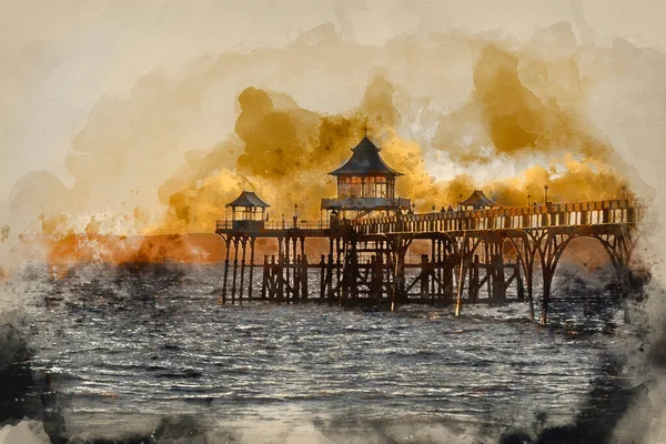 Akvarel Obraz Ohromující Dlouhé Expozice Západ Slunce Nad Oceánem Molo — Stock fotografie