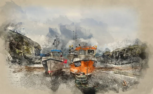 Akvarellmålning Fiskebåtar Cadgwith Hamn — Stockfoto