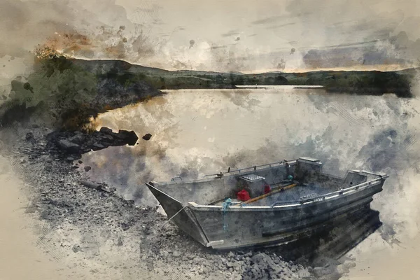 Pintura Acuarela Impresionante Amanecer Dramático Sobre Lago Tranquilo Con Barco — Foto de Stock