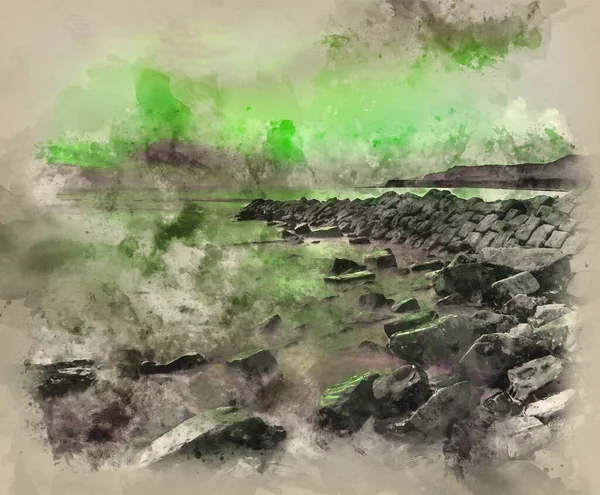 Aquarelle Superbes Aurores Boréales Aurora Boréales Sur Paysage Côtier — Photo