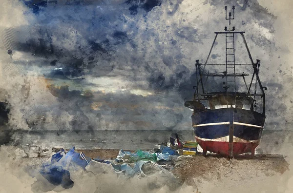 Akvarellmålning Fiskebåt Grusstrand Landskap Med Stormig Himmel — Stockfoto