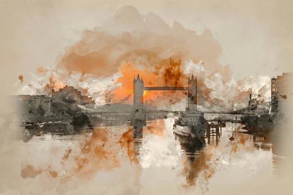 Pintura Acuarela Del Impresionante Amanecer Otoño Sobre Tower Bridge Río — Foto de Stock