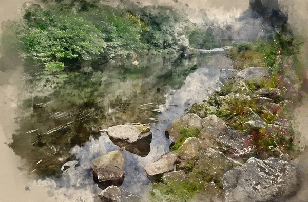 緑豊かな森を流れる川の風景の水彩画 — ストック写真