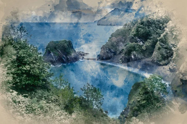 Akvarel Malba Krásný Náladový Východ Slunce Krajina Obraz Malé Odlehlé — Stock fotografie