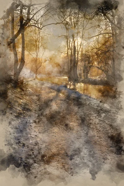 Aquarelle Beau Paysage Campagne Enneigé Hiver Rivière Coulant Avec Des — Photo