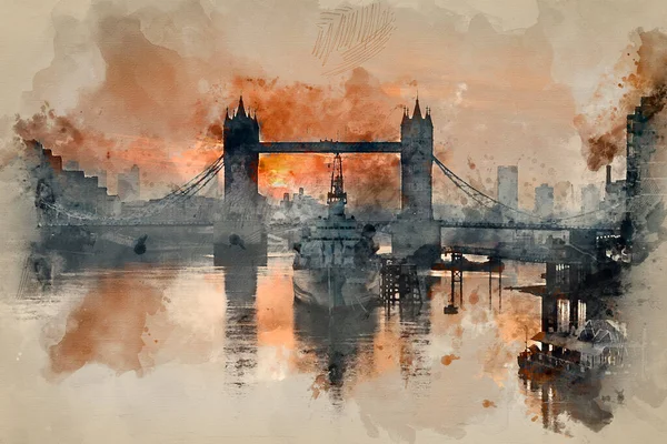 런던탑 다리와 위에서 일출을 수채화 — 스톡 사진