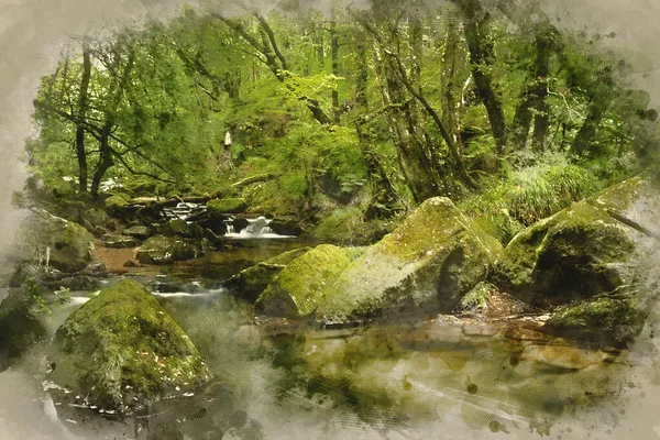 Akvarel Malba Ohromující Krajiny Řeky Tekoucí Svěžím Lesem Golitha Falls — Stock fotografie