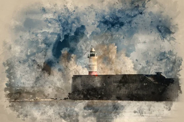 Digitally Generated Watercolour Painting Huge Sea Waves Crashing Lighthouse Storm — Stock Photo, Image