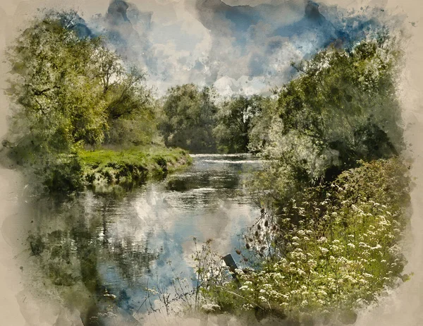 Digitally Generated Watercolour Painting Beautiful English Countryside Landscape Idyllic Sunshine — Stockfoto