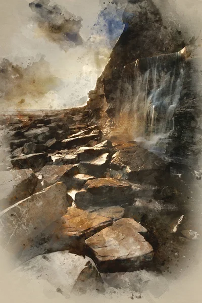 Watercolour Painting Beautiful Landscape Waterfall Flowing Rocks Beach Sunset - Stock-foto