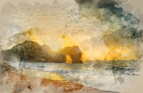 Aquarell Von Schöner Sonnenaufgang Über Dem Ozean Mit Felsenstapel Vordergrund — Stockfoto