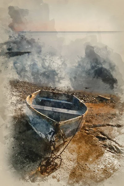 Aquarelle Une Belle Image Paysage Vieux Bateau Rames Sur Toboggan — Photo