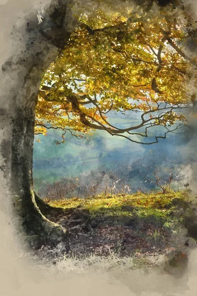 Aquarelverf Schilderij Van Prachtige Ochtend Uitzicht Glooiend Landschap Herfst — Stockfoto