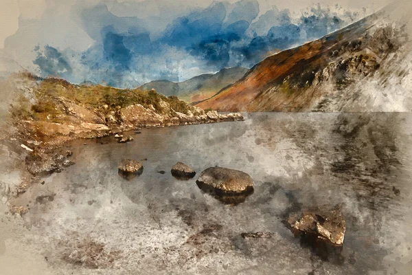 Akvarel Malba Ohromující Krajiny Západu Slunce Obraz Wast Voda Hory — Stock fotografie