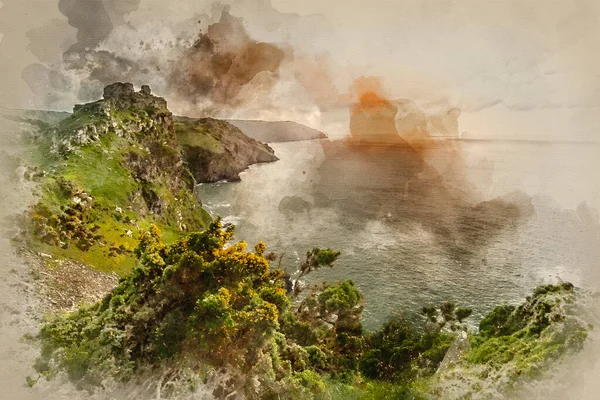 Devon Ngiltere Deki Kayalar Vadisi Nin Güzel Günbatımı Manzara Resminin — Stok fotoğraf