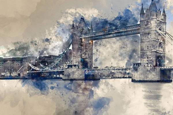 Aquarelle Peinture Tower Bridge Contre Ciel Orageux — Photo