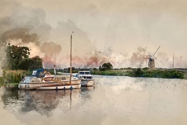 夏の朝の日の出に風車と川の見事な風景の水彩画 — ストック写真