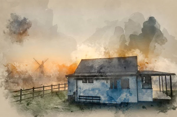 背景に風車を持つ霧の川の上の見事な日の出の風景の水彩画 — ストック写真