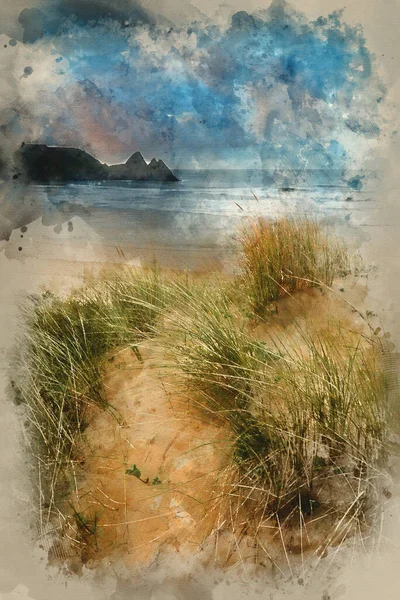 Watercolor Painting Beautiful Summer Morning Landscape Yellow Sandy Beach — Stock Photo, Image