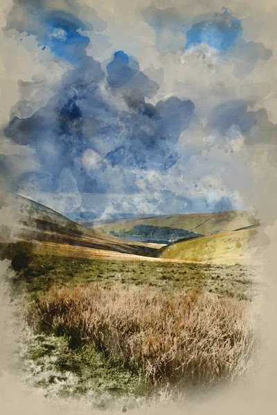 Akvarel Malby Krásné Krajiny Národního Parku Brecon Beacons Dramatickou Oblohou — Stock fotografie