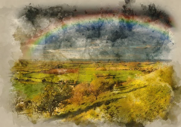 Aquarelverf Schilderij Van Prachtige Zomerzonsondergang Met Regenboog Het Landschap Hellend — Stockfoto