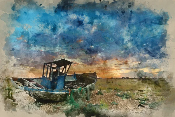 Aquarela Pintura Barco Pesca Abandonado Paisagem Praia Telha Pôr Sol — Fotografia de Stock