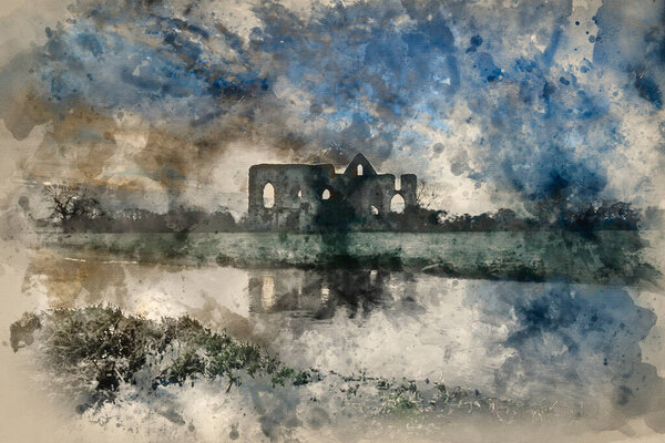 Watercolour painting of Beautiful dawn landscape of Priory ruins in countryside location