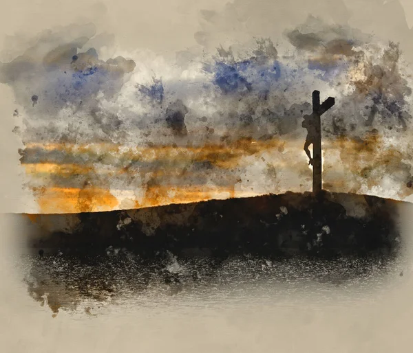 イエス キリストのシルエットの水彩画十字架上の十字架上の十字架上の十字架上の十字架上の十字架上の十字架上の復活祭は湖の水に反映 — ストック写真