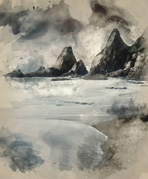 岩だらけの海岸線の頑丈な長時間露光風景の水彩画 — ストック写真