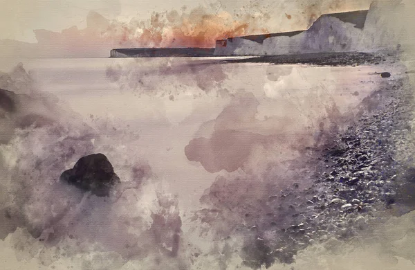 Watercolour Painting Landscape Image Rocky Beach Sunset — Stock Photo, Image