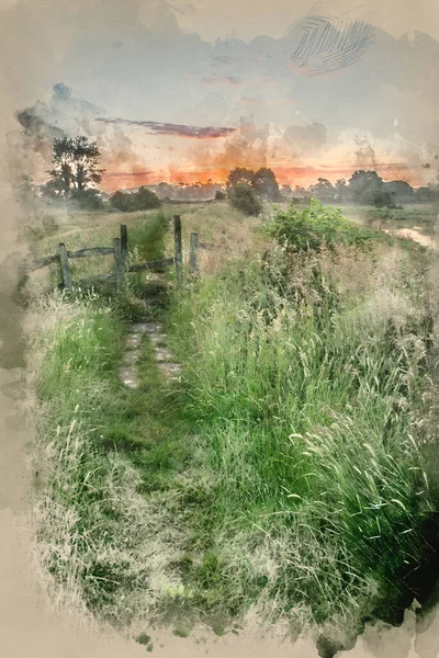英国の田舎の風景の上に見事な鮮やかな夏の日の出の水彩画 — ストック写真