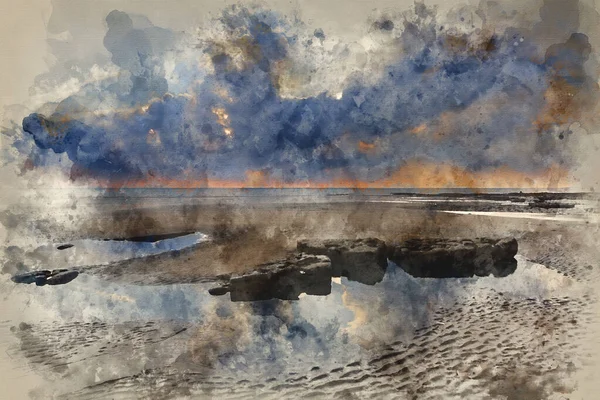 Aquarell Von Atemberaubender Sonnenuntergangslandschaft Über Der Dunraven Bay Wales — Stockfoto