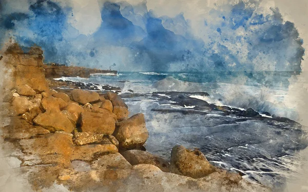 Aquarela Pintura Paisagem Seascape Ondas Colidindo Com Rochas Durante Belo — Fotografia de Stock