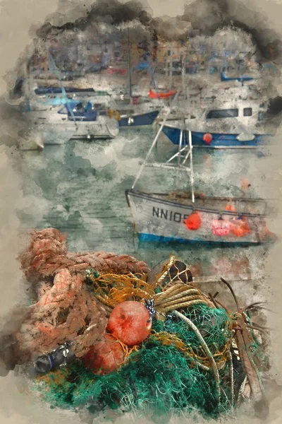 Pittura Acquerello Reti Pesca Barche Nel Porto Lyme Regis — Foto Stock