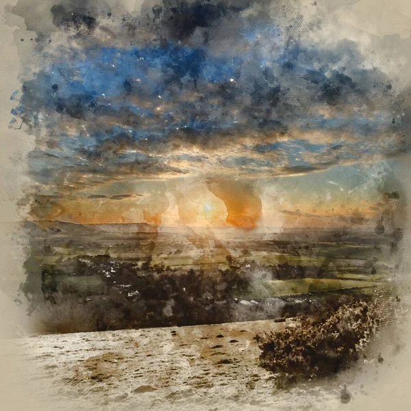 Акварельная Живопись Потрясающего Пейзажа Заката Над Сельской Местностью Англии — стоковое фото