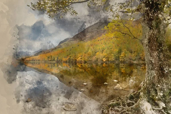 Aquarelverf Schilderij Van Prachtige Herfst Herfst Landschap Beeld Van Lake — Stockfoto