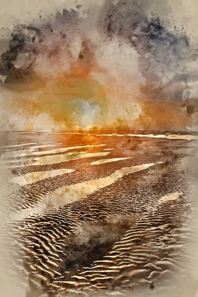 Акварельная Живопись Красивого Летнего Заката Над Золотым Пляжем — стоковое фото