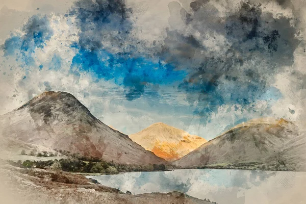 Watercolour Painting Stunning Sunset Landscape Image Wast Water Mountains Lkae — Stock Photo, Image