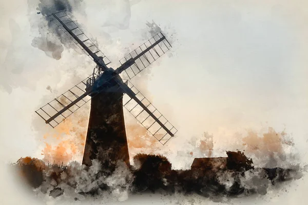 美しい夏の日の出の美しい風景の中に風車の水彩画 — ストック写真