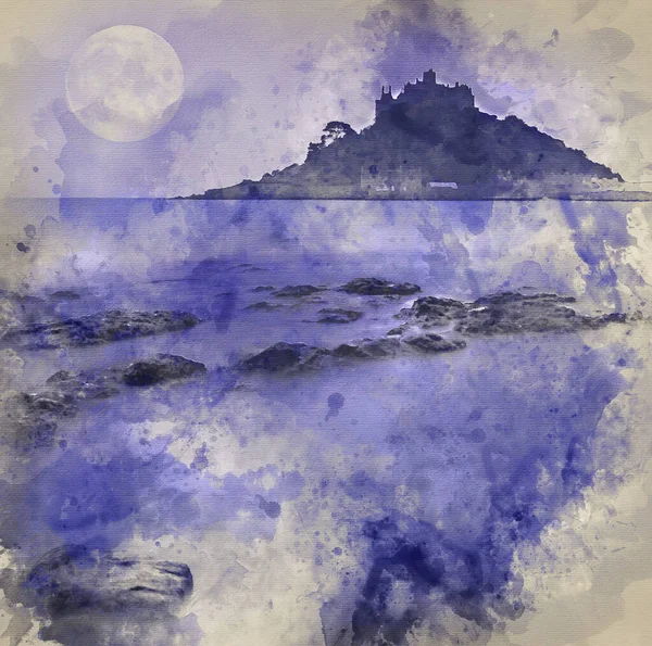 Watercolour Painting Michael Mount Bay Marazion Pre Dawn Long Exposure — Stock Photo, Image