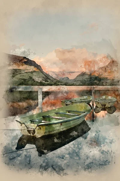 Watercolour Painting Landscape Image Rowing Boats Llyn Nantlle Snowdonia National — Stock Photo, Image