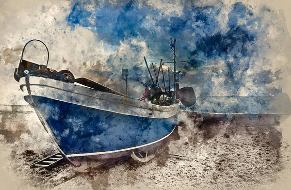 Aquarela Pintura Barco Pesca Paisagem Praia Telha Com Céu Tempestuoso — Fotografia de Stock