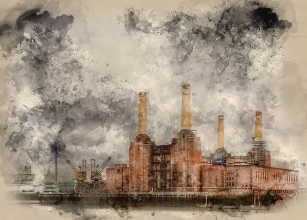 Aquarellgemälde Des Battersea Kraftwerks Vor Dunklem Stürmischen Himmel — Stockfoto