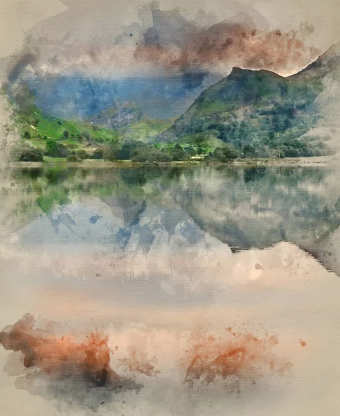 Watercolor Painting View Snowdon Covered Cloud Sunrise Llyn Nantlle Reflections — Stock Photo, Image