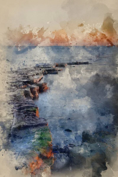 Акварельная Живопись Скал Киммериджа Закате Зимы — стоковое фото