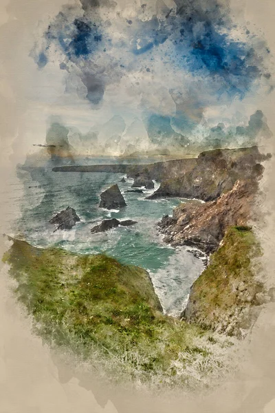 Malarstwo Akwarelowe Piękny Krajobraz Obrazu Bedruthan Kroki Wybrzeżu Kornwalii Anglii — Zdjęcie stockowe