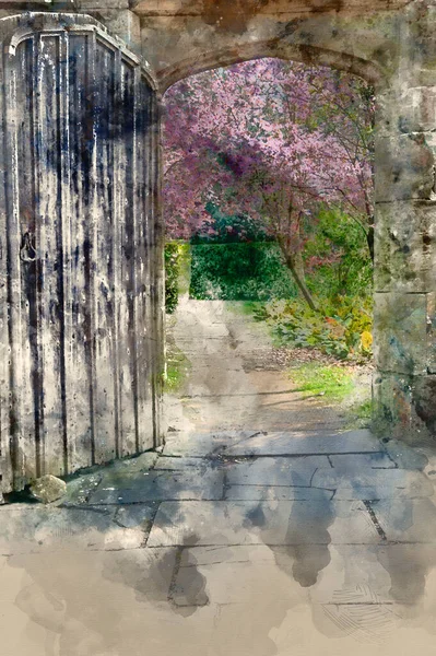 Malarstwo Akwarelowe Piękne Świeże Drzewa Wiosenne Widziane Przez Stare Drewniane — Zdjęcie stockowe