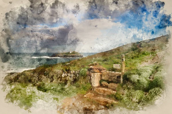 Aquarelverf Schilderij Van Prachtige Zonsopgang Landschapsbeeld Van Godrevy Corwnall Engeland — Stockfoto